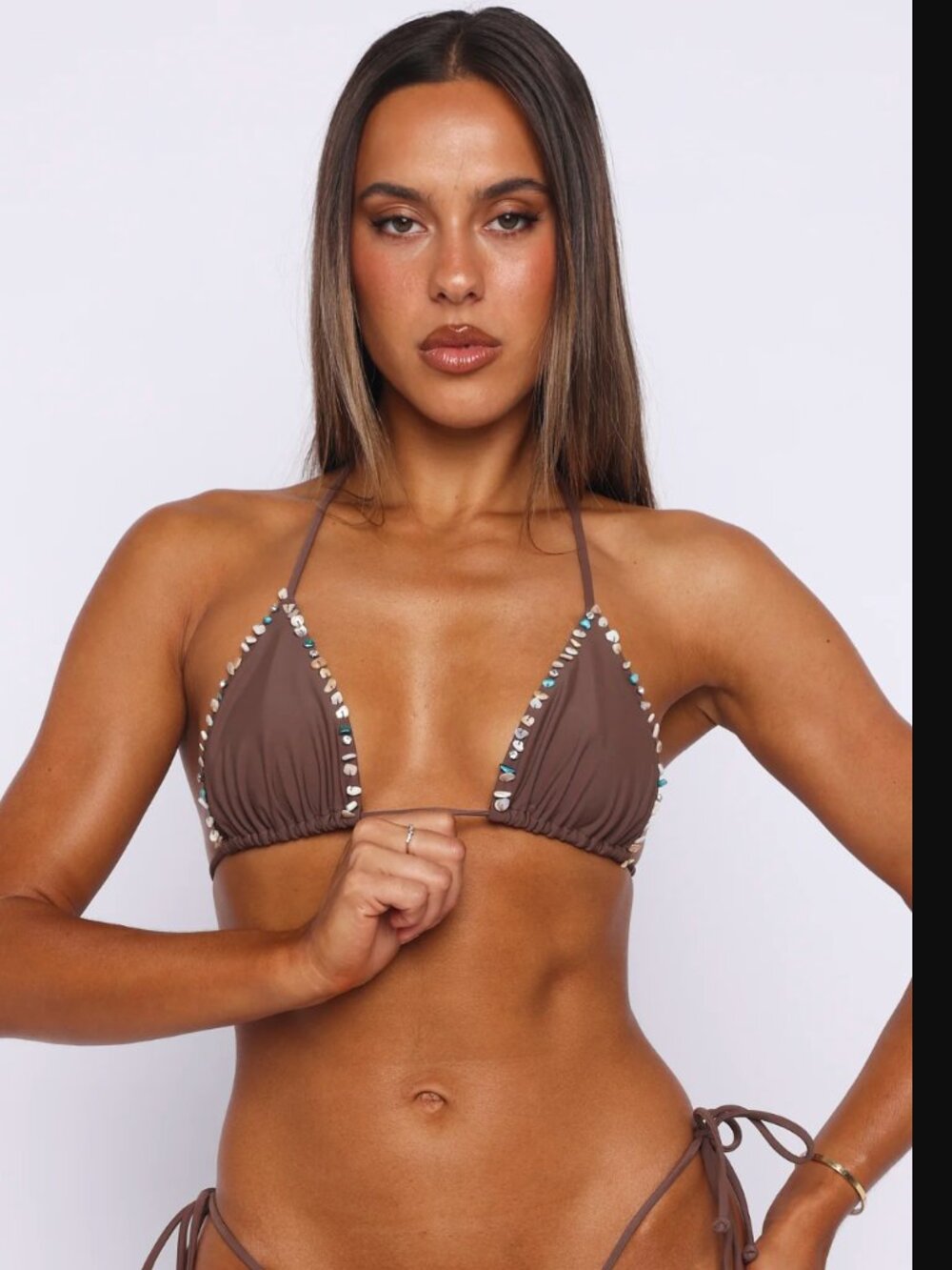 White Fox Isla Beaded Bikini Top Toasted Coconut Size Small